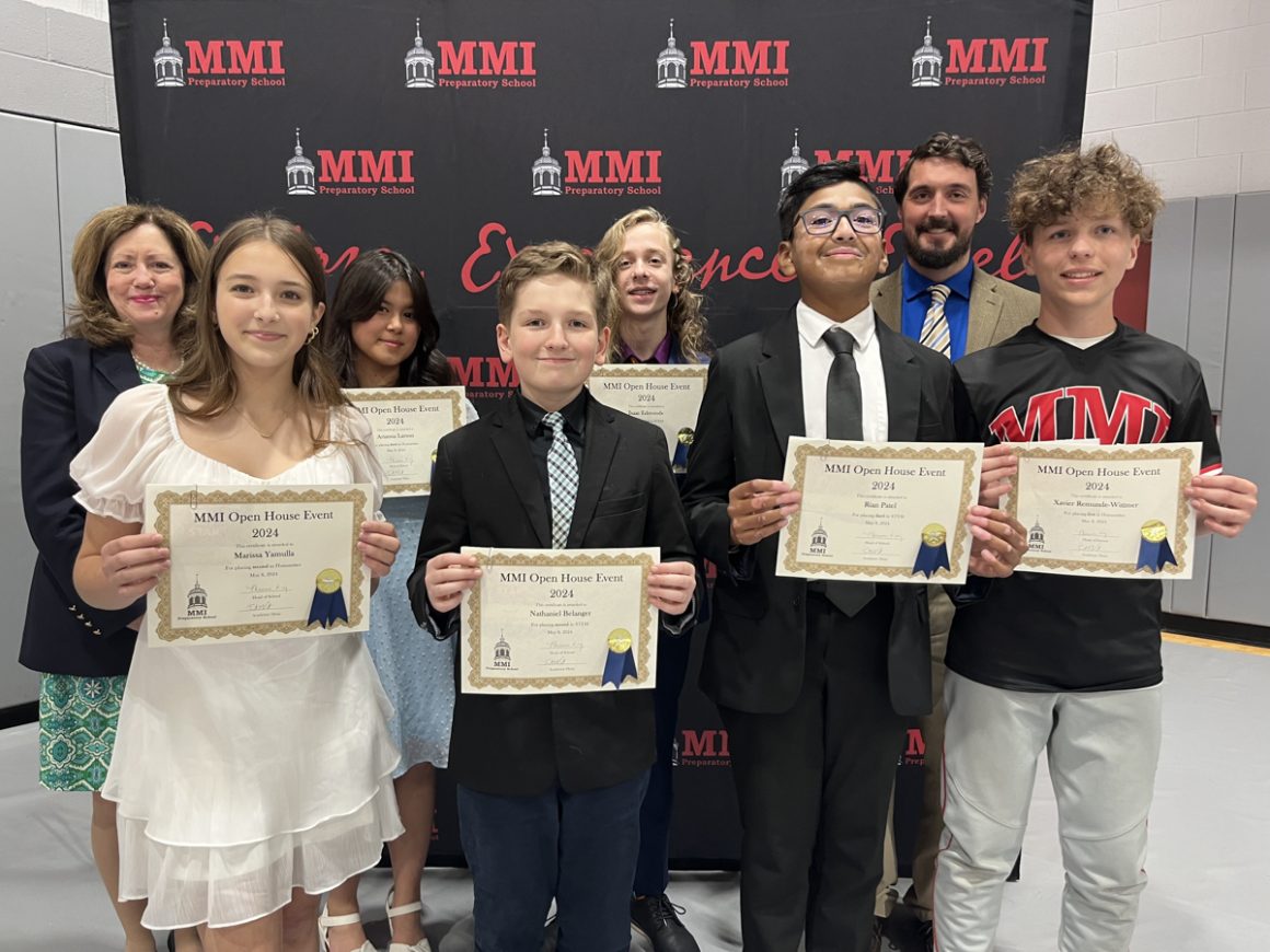 Open House Award winners Front Row (L-R): Marissa Yamulla, Nathaniel Belanger, Rian Patel, and Xavier Reymunde Wittmer. Second Row: Head of School Theresa Long, Arianna Larsen, Issac Edmonds, and Academic Dean Justin Vincent.