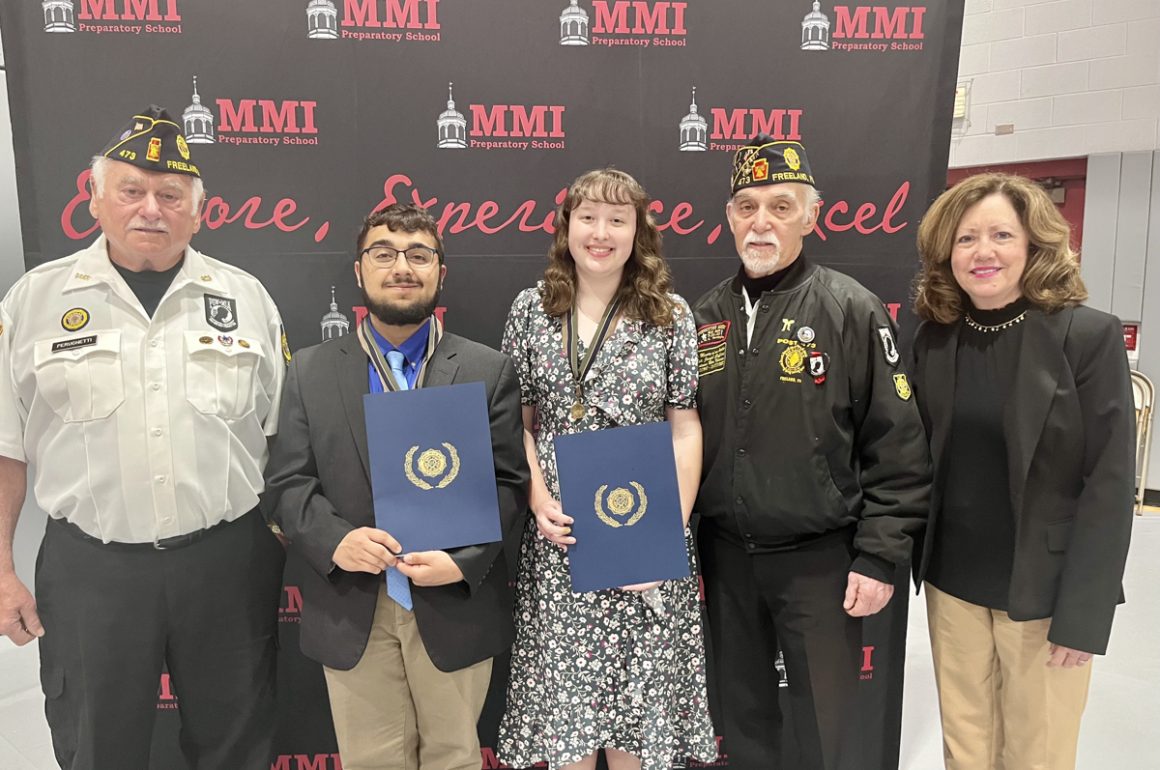 The American Legion’s Academic Excellence Awards were presented to seniors Nathaniel Neidlinger and Abigail Sparich who stand with Pete Peruchetti and Commander Gerald Gaffney of the Freeland Post 473 and MMI Head of School Theresa Long.