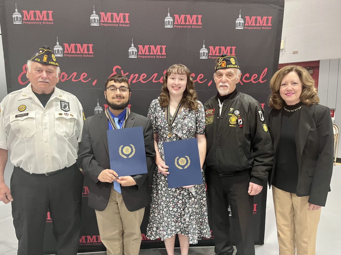 The American Legion’s Academic Excellence Awards were presented to seniors Nathaniel Neidlinger and Abigail Sparich who stand with Pete Peruchetti and Commander Gerald Gaffney of the Freeland Post 473 and MMI Head of School Theresa Long.