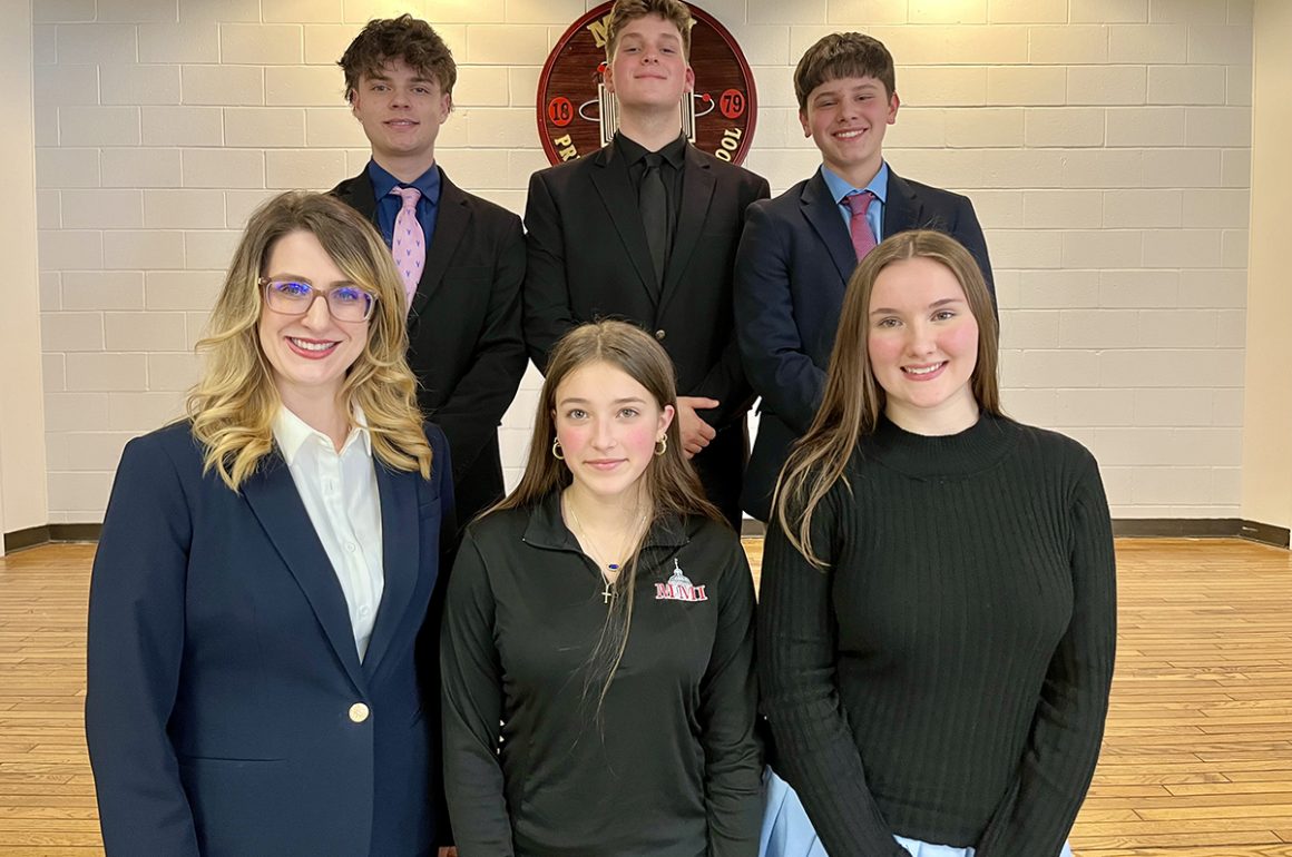 Best of the Best competitors stand with their Advisor Mrs. Katherine Zucco (front left). First row: Marissa Yamulla (center) and Maia Laverty (right). Second Row (left to right): Gabe Horvath, Ian Composto, and Philip Benyo. Caleb Skuba was missing from the picture.