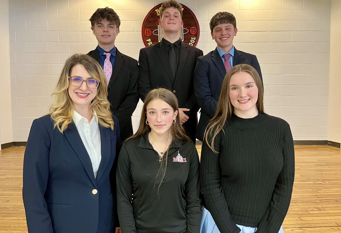 Best of the Best competitors stand with their Advisor Mrs. Katherine Zucco (front left). First row: Marissa Yamulla (center) and Maia Laverty (right). Second Row (left to right): Gabe Horvath, Ian Composto, and Philip Benyo. Caleb Skuba was missing from the picture.